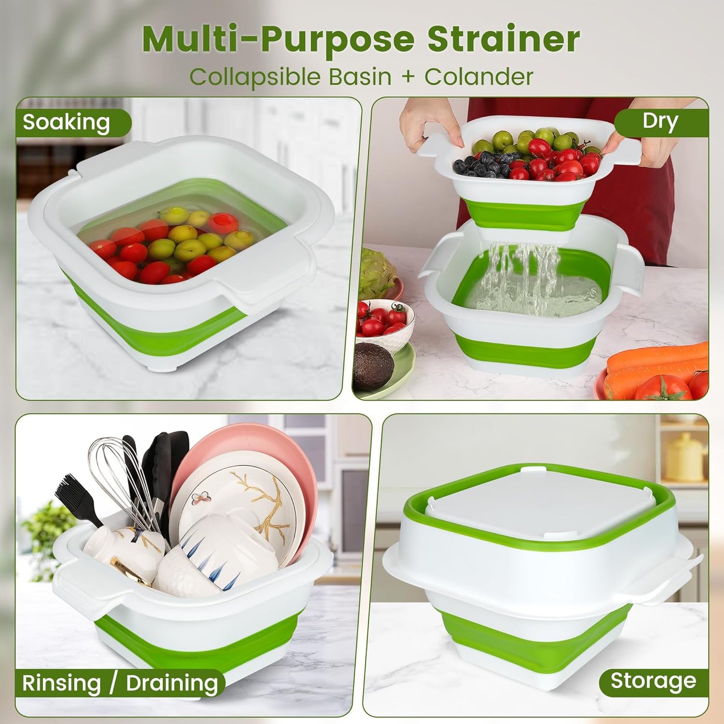 Collapsible Colander Set with Strainer Bowl, 2 in 1 Fruit Washing Basket with Strainer, 5 + 3 QT Plastic Colanders for Kitchen, Foldable Double Layered Colanders Bowl for Vegetable, Grey