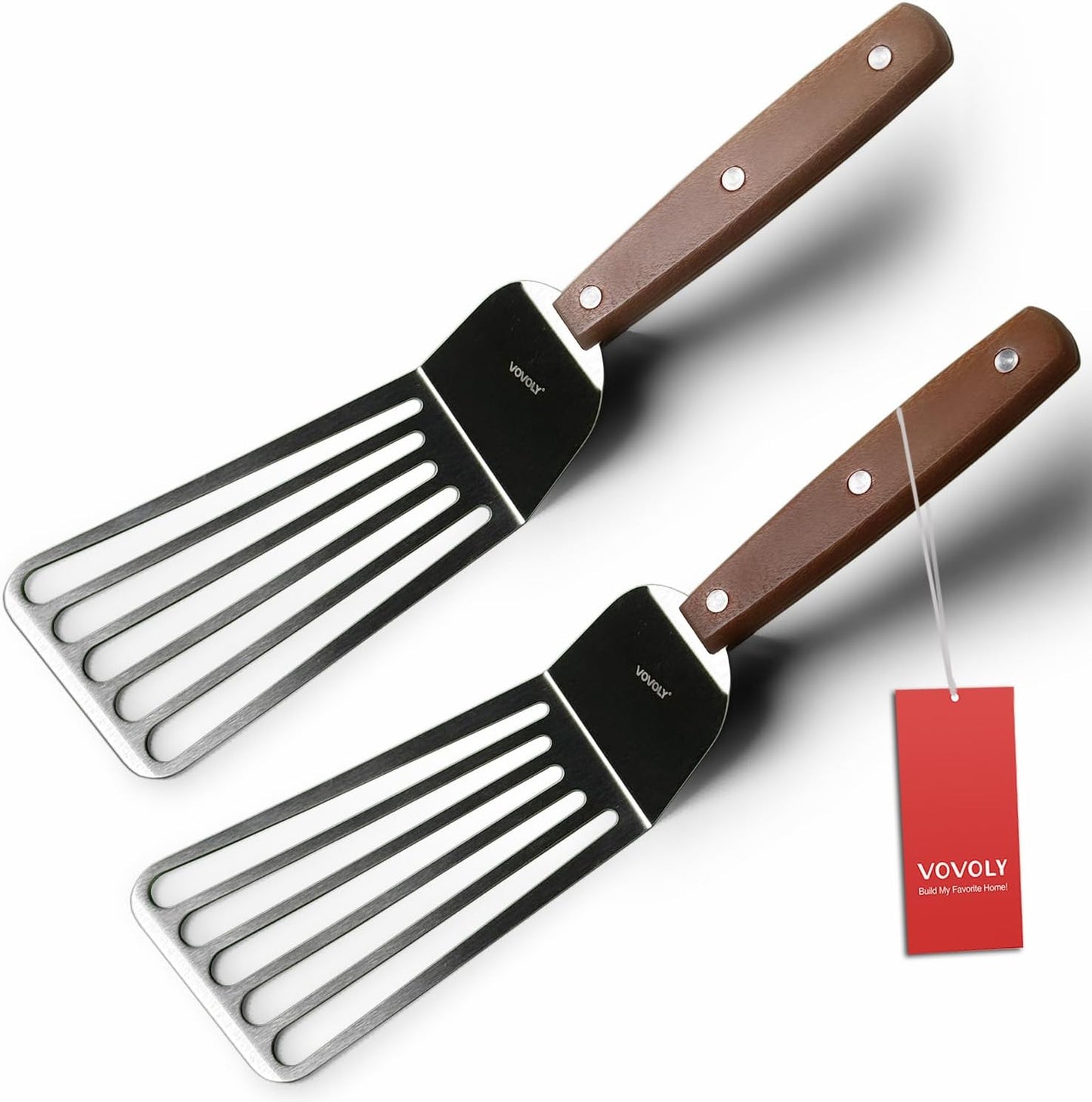 2 Pack Fish Spatula Turner, Stainless Steel Slotted Spatulas for Flipping, Turning, Frying & Grilling, 3"x6"+4"x8" Metal Slotted Spatulas, Wooden Full Tang Handle & Curved Blade