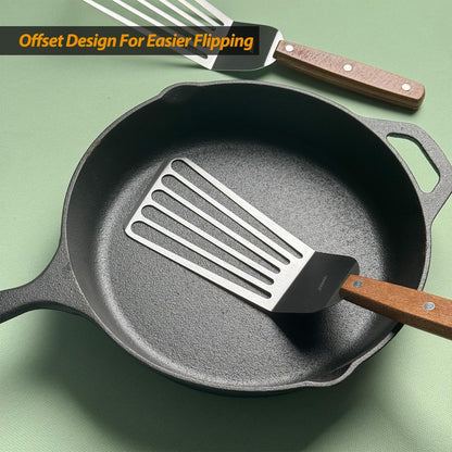 2 Pack Fish Spatula Turner, Stainless Steel Slotted Spatulas for Flipping, Turning, Frying & Grilling, 3"x6"+4"x8" Metal Slotted Spatulas, Wooden Full Tang Handle & Curved Blade