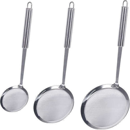 Fine Mesh Skimmer Spoon, Professional 304 Stainless Steel Hot Pot Fat Strainer for Oil Filter Skimming Grease and Foam, Durable Multi-Functional Kitchen Cooking Mesh Food Strainer Ladle-3 Pack