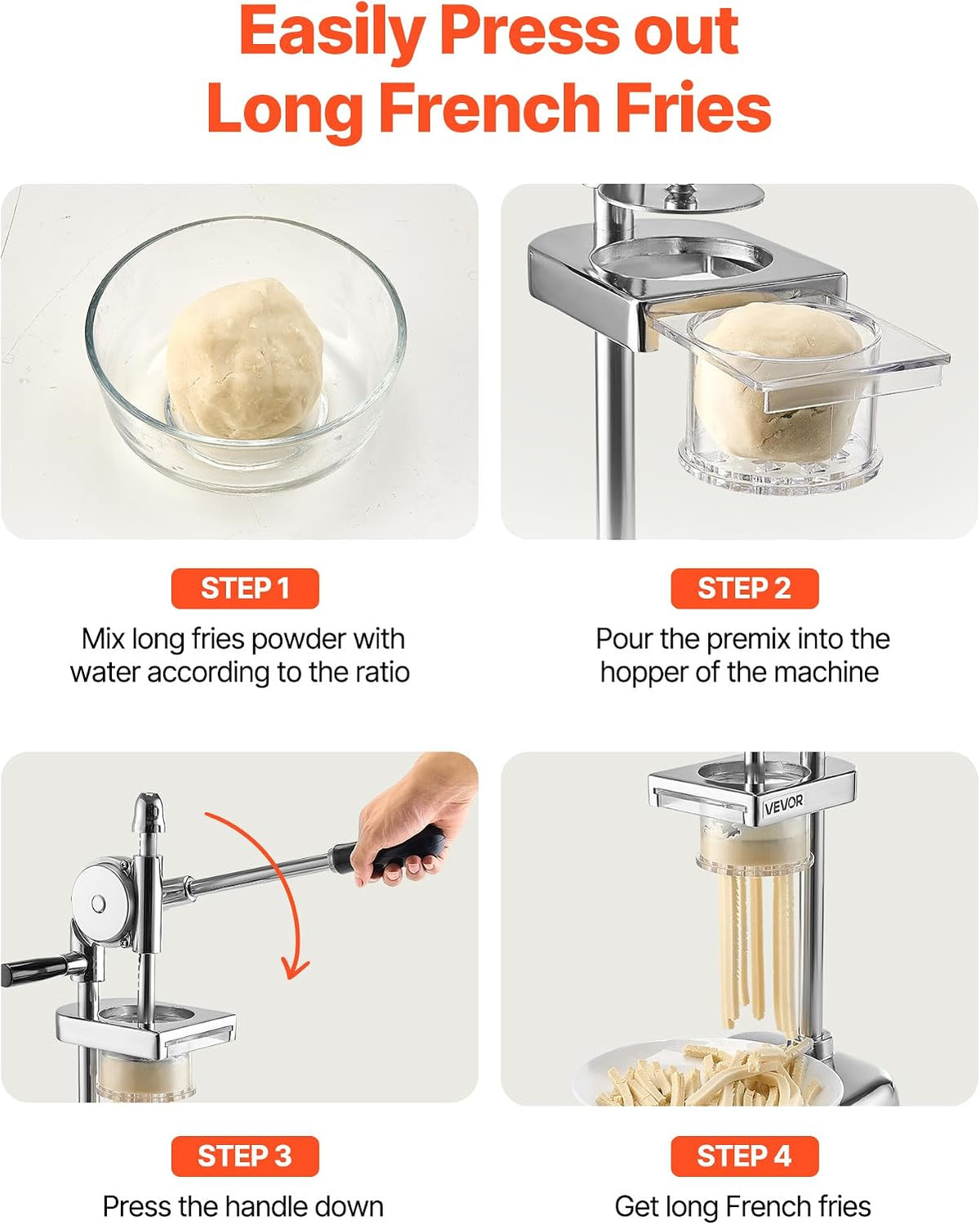 Super long French Fry Squeezer, Commercial Fried Potato Strips Maker, Extra Long Japanese Style French Fries Maker with Pull-out Extruder, Manual Mashed Potato Extruder for Food Truck, Kitchen