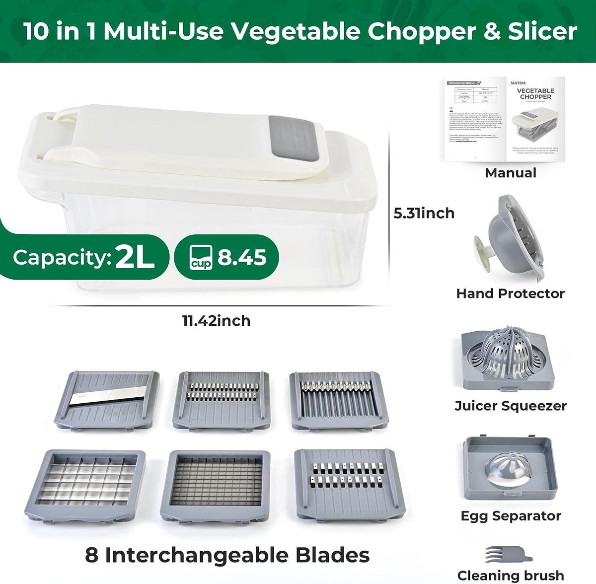 Vegetable Chopper Mandoline Slicer, 6 Blade Chopper, 10-in-1 Gray