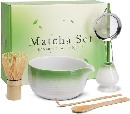 6-Piece Matcha Set, Matcha Whisk (Chasen) & Holder, Matcha Bowl with Spout, Sifter & Spoon, Bamboo & Ceramic, Dark Green