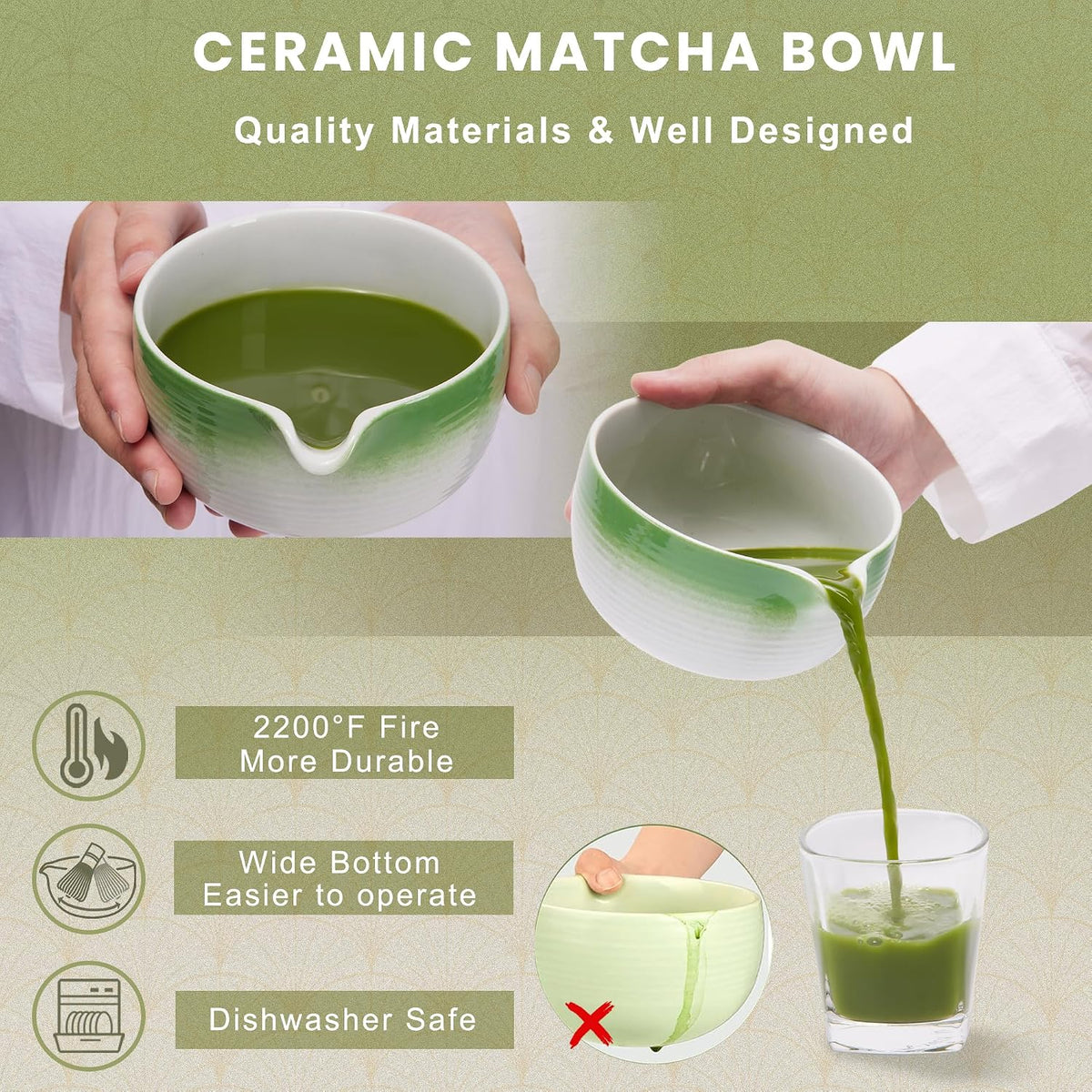 6-Piece Matcha Set, Matcha Whisk (Chasen) & Holder, Matcha Bowl with Spout, Sifter & Spoon, Bamboo & Ceramic, Dark Green