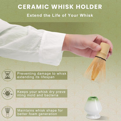 6-Piece Matcha Set, Matcha Whisk (Chasen) & Holder, Matcha Bowl with Spout, Sifter & Spoon, Bamboo & Ceramic, Dark Green