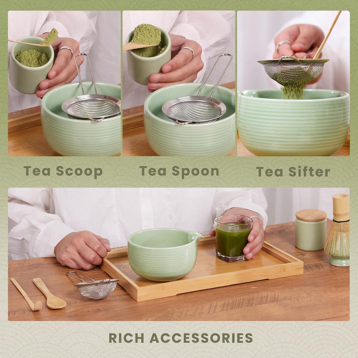 6-Piece Matcha Set, Matcha Whisk (Chasen) & Holder, Matcha Bowl with Spout, Sifter & Spoon, Bamboo & Ceramic, Dark Green