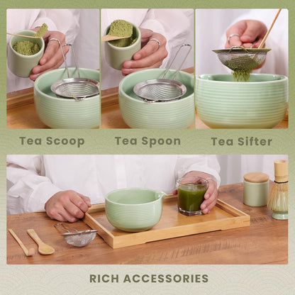 6-Piece Matcha Set, Matcha Whisk (Chasen) & Holder, Matcha Bowl with Spout, Sifter & Spoon, Bamboo & Ceramic, Dark Green
