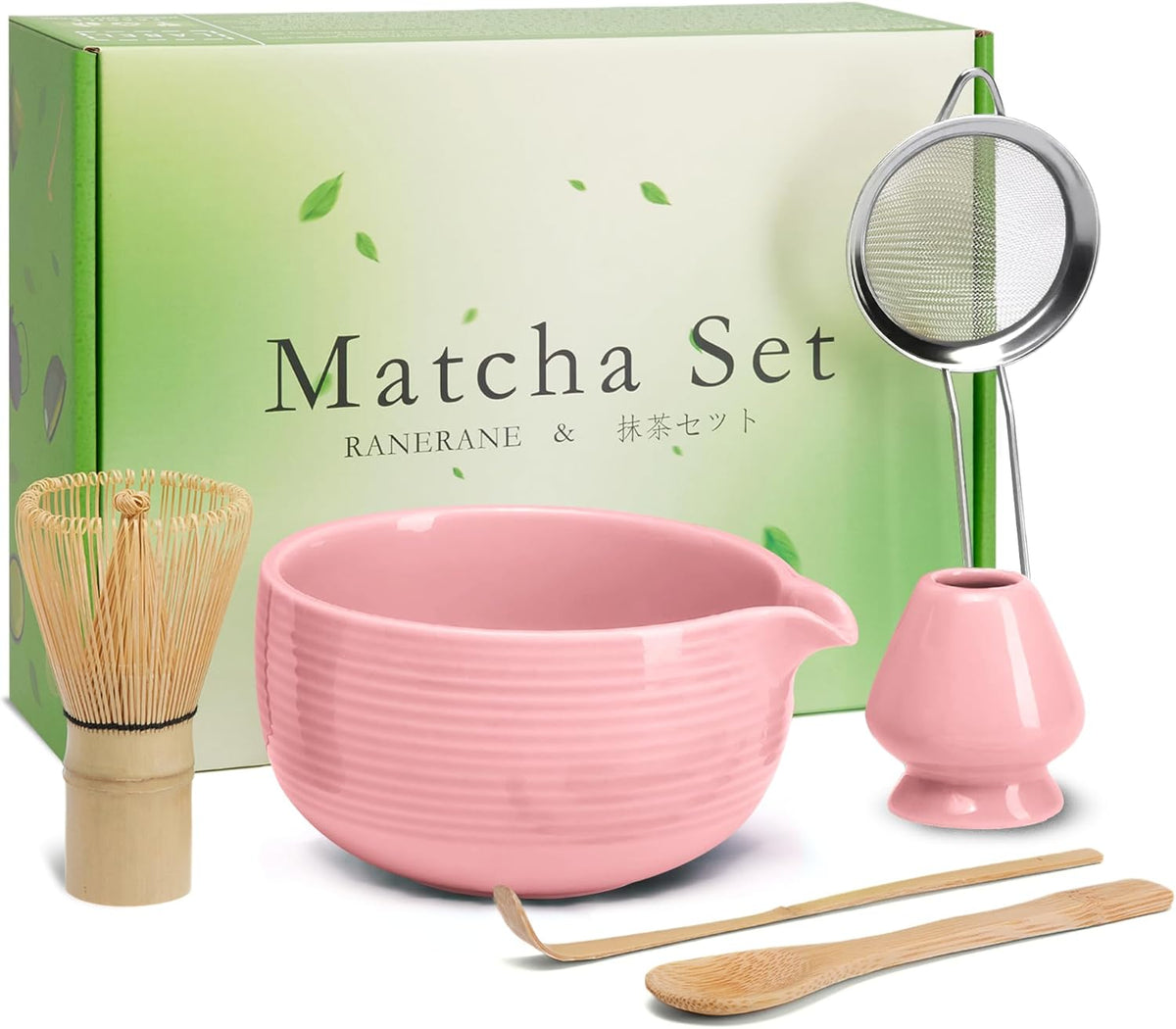 6-Piece Matcha Set, Matcha Whisk (Chasen) & Holder, Matcha Bowl with Spout, Sifter & Spoon, Bamboo & Ceramic, Dark Green