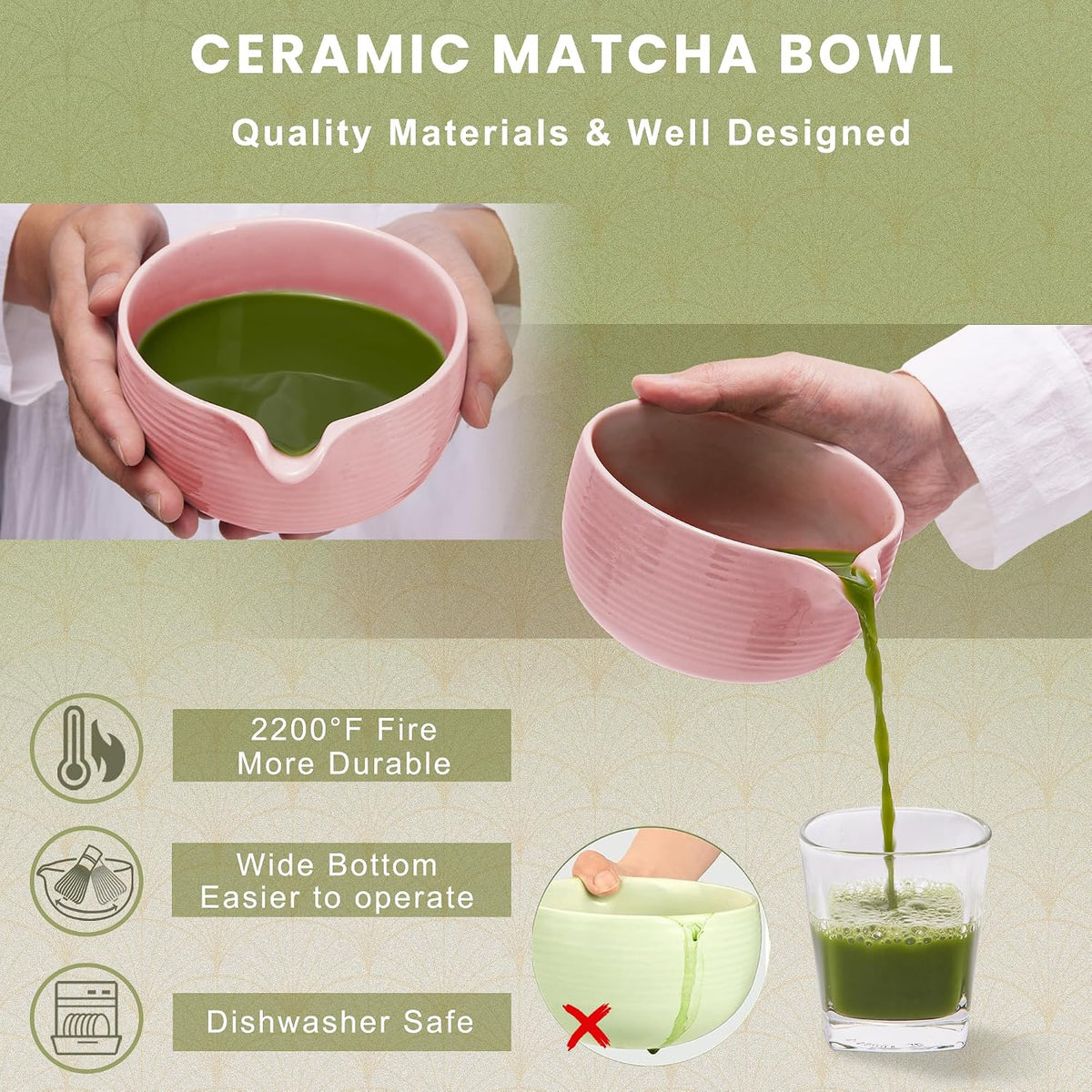 6-Piece Matcha Set, Matcha Whisk (Chasen) & Holder, Matcha Bowl with Spout, Sifter & Spoon, Bamboo & Ceramic, Dark Green