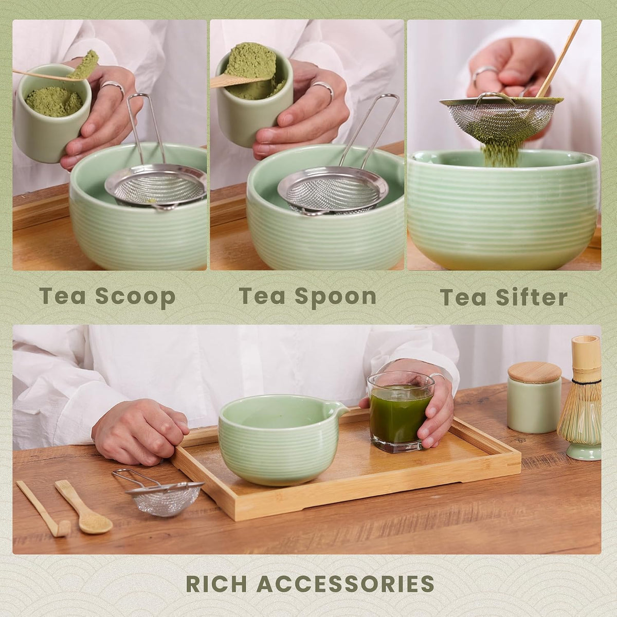 6-Piece Matcha Set, Matcha Whisk (Chasen) & Holder, Matcha Bowl with Spout, Sifter & Spoon, Bamboo & Ceramic, Dark Green
