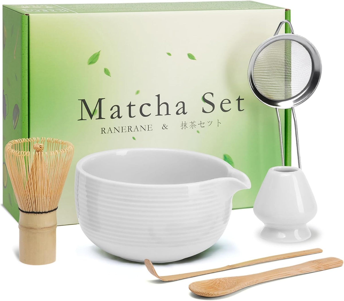 6-Piece Matcha Set, Matcha Whisk (Chasen) & Holder, Matcha Bowl with Spout, Sifter & Spoon, Bamboo & Ceramic, Dark Green