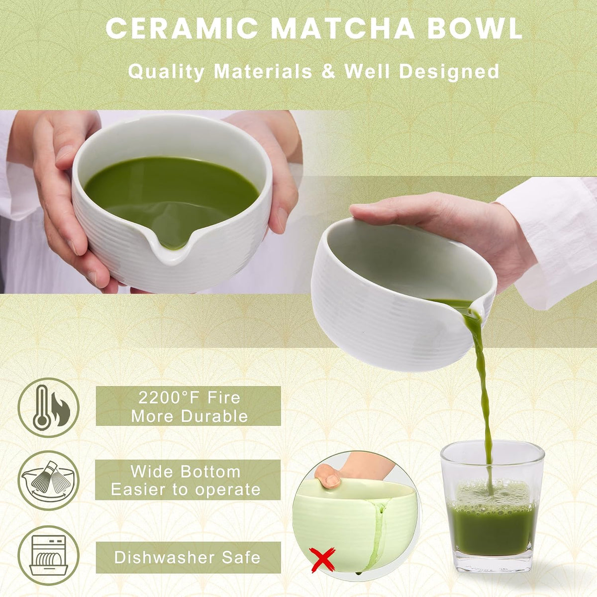 6-Piece Matcha Set, Matcha Whisk (Chasen) & Holder, Matcha Bowl with Spout, Sifter & Spoon, Bamboo & Ceramic, Dark Green