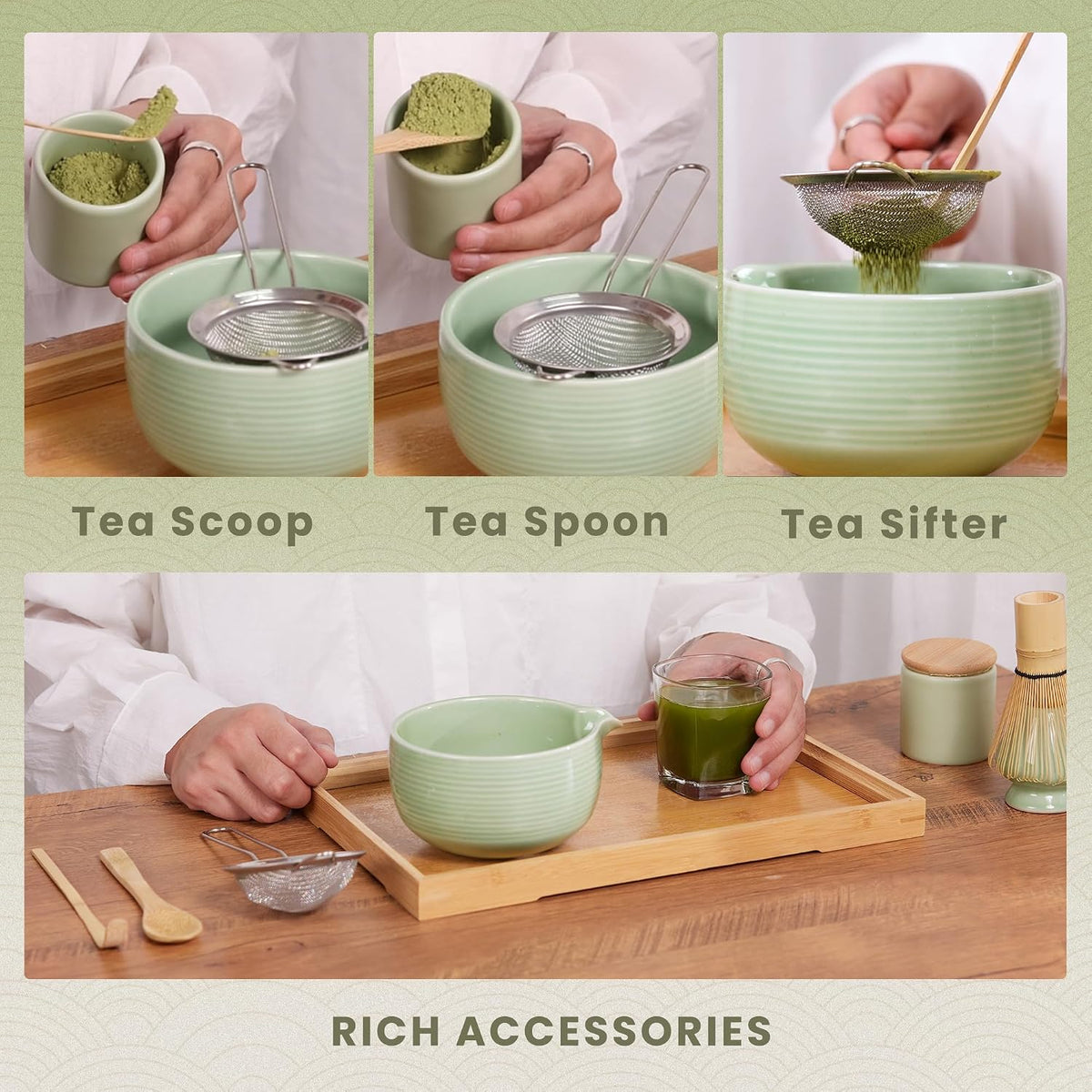 6-Piece Matcha Set, Matcha Whisk (Chasen) & Holder, Matcha Bowl with Spout, Sifter & Spoon, Bamboo & Ceramic, Dark Green
