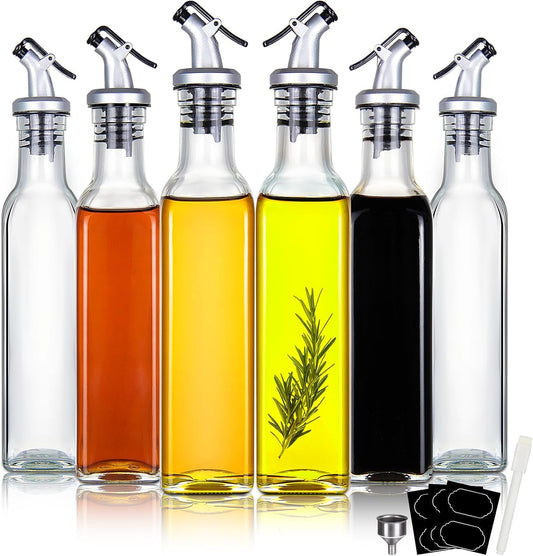 8 oz Glass Olive Oil Dispenser Bottles with Pourers, 6 Pack | 6 small glass oil bottles for kitchen use with pour spouts, funnel, labels and marker; suitable for vinegar and soy sauce