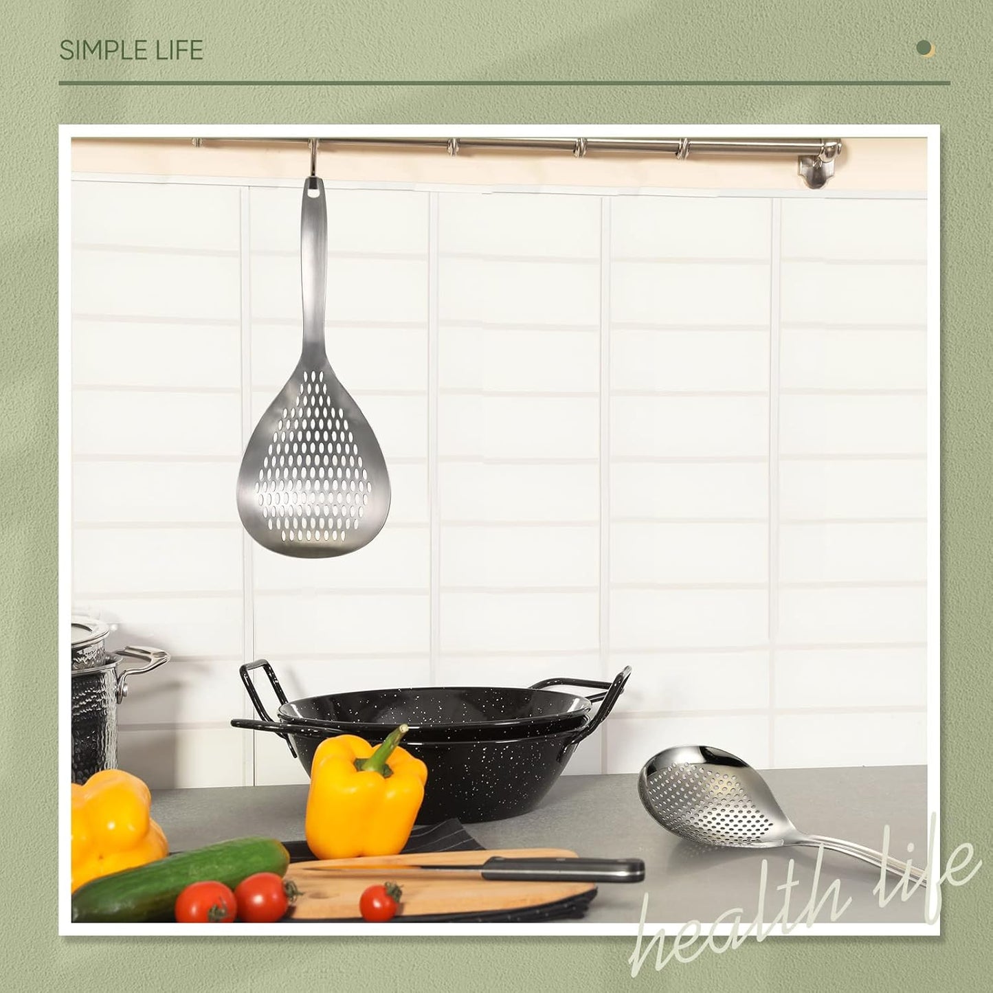2 Pieces Spider Strainer Skimmer Slotted Spoon Stainless Steel Skimmer Ladle Rustproof Frying Spoon Strainer Colander with Hanging Holes for Kitchen Cooking Draining and Frying