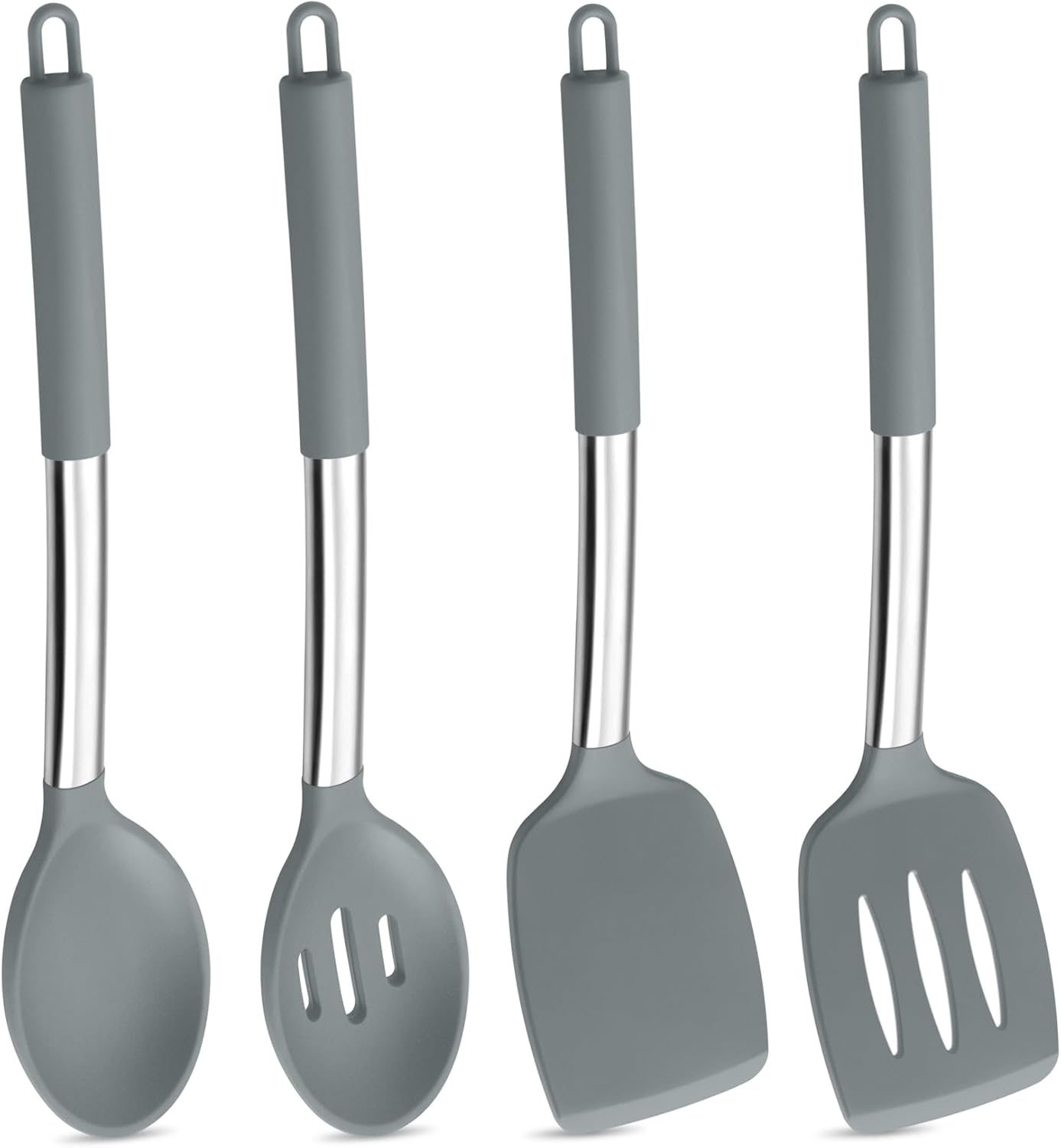 Black Kitchen Cooking Utensil Set of 4, Silicone Solid Spatulas Slotted Spoons Turners for Non-stick Cookware Flipping Mixing, Heat-proof