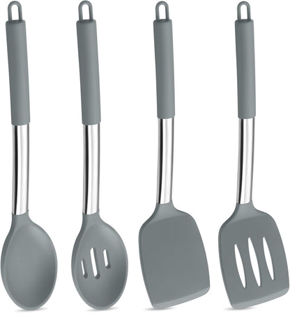 Black Kitchen Cooking Utensil Set of 4, Silicone Solid Spatulas Slotted Spoons Turners for Non-stick Cookware Flipping Mixing, Heat-proof