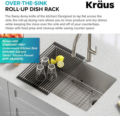 Multipurpose Over-Sink Roll-Up Dish Drying Rack, Colander and Trivet in Dark Grey, KRM-10DG