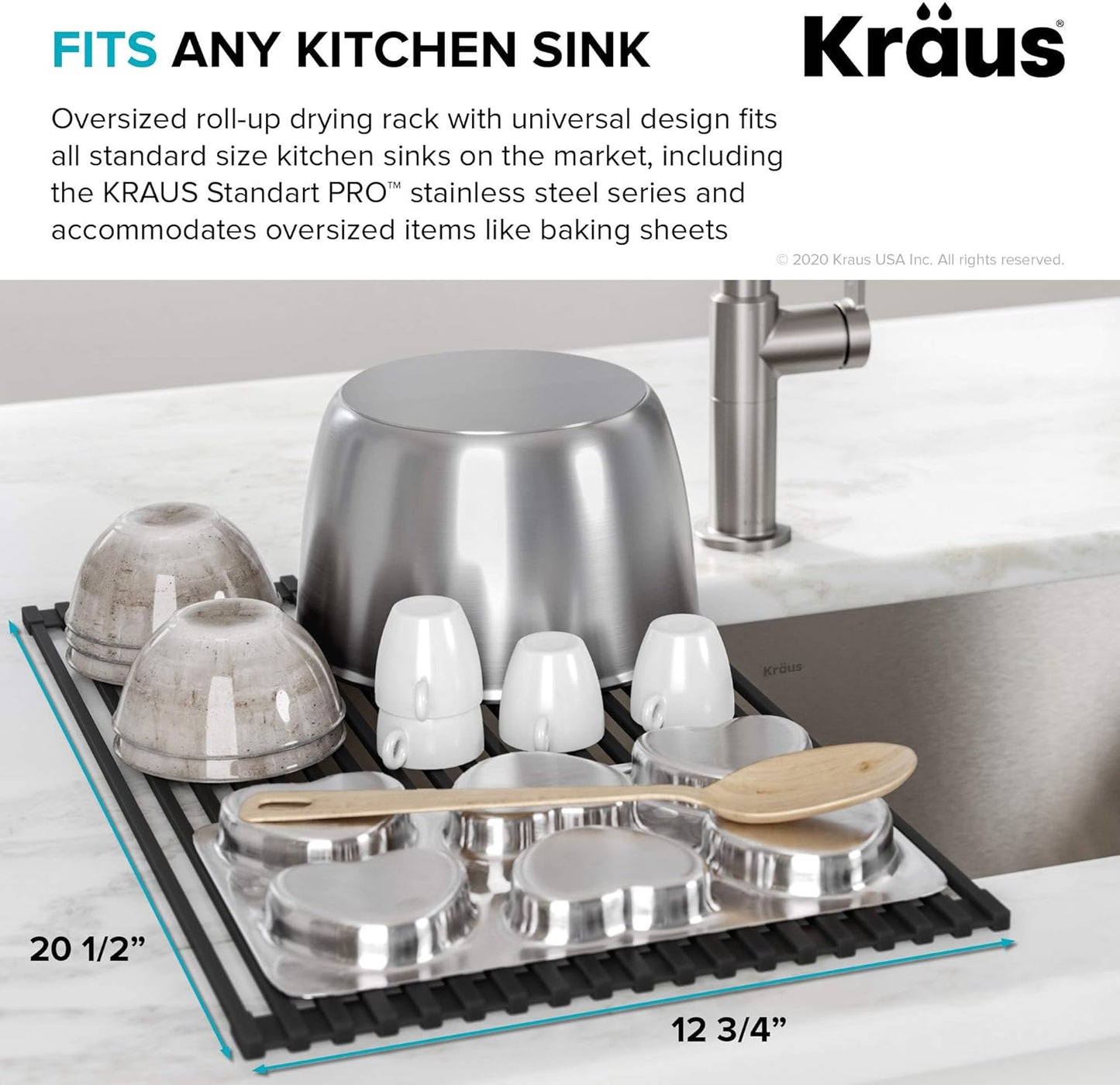 Multipurpose Over-Sink Roll-Up Dish Drying Rack, Colander and Trivet in Dark Grey, KRM-10DG