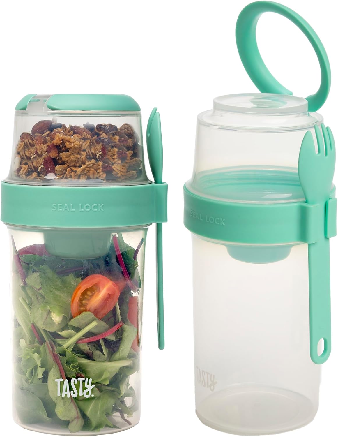 Salad Shakers with Sporks, Bring Salads and Snacks to Go, All-In-One Container, Convenient Carry Handle, Separate Compartments, 2-Pack Set, Aqua
