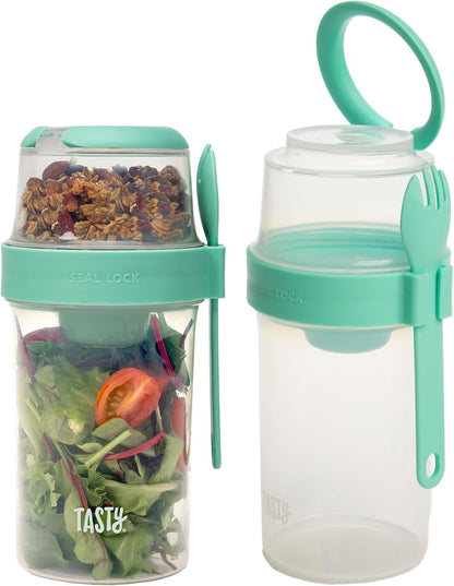 Salad Shakers with Sporks, Bring Salads and Snacks to Go, All-In-One Container, Convenient Carry Handle, Separate Compartments, 2-Pack Set, Aqua