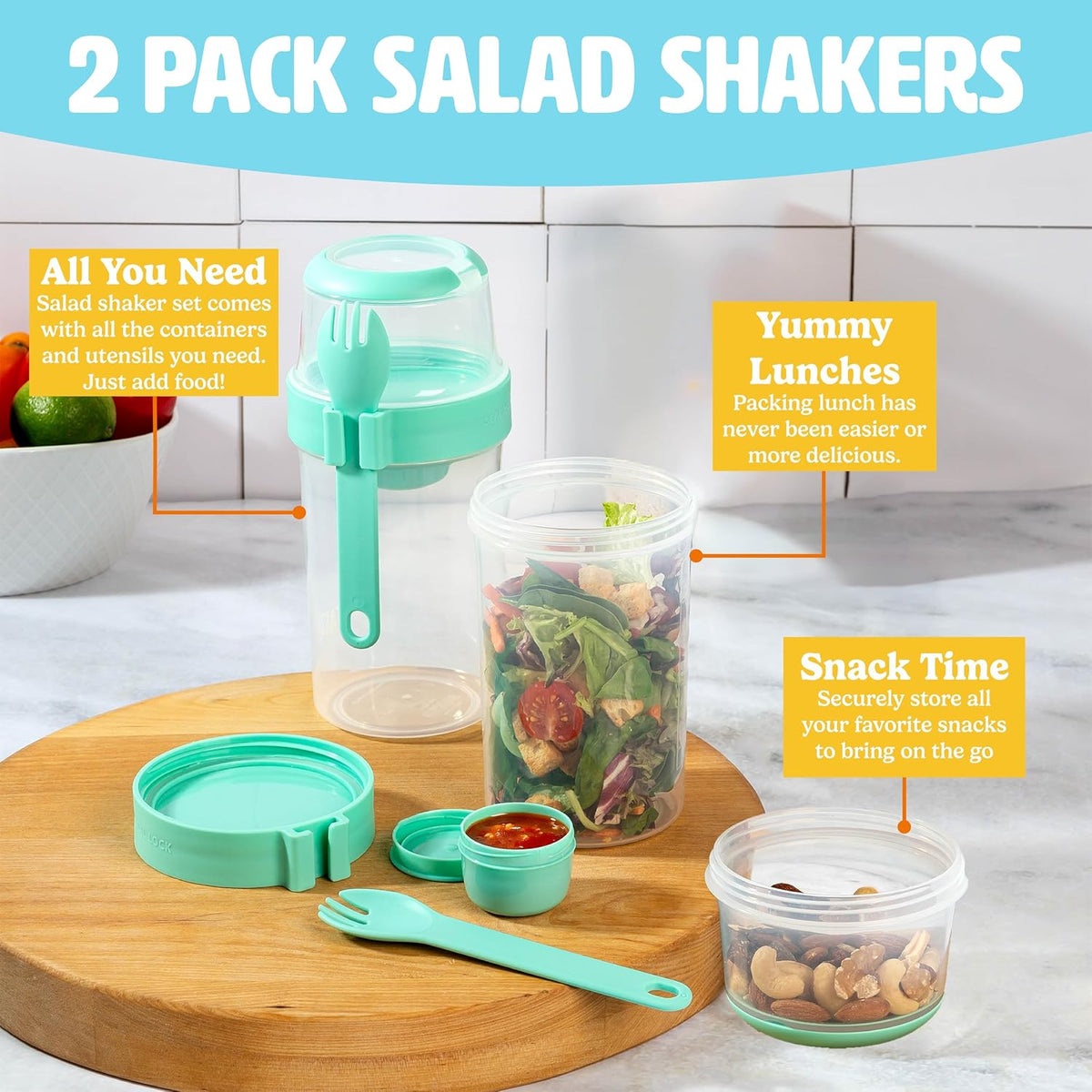 Salad Shakers with Sporks, Bring Salads and Snacks to Go, All-In-One Container, Convenient Carry Handle, Separate Compartments, 2-Pack Set, Aqua