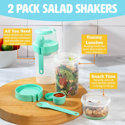 Salad Shakers with Sporks, Bring Salads and Snacks to Go, All-In-One Container, Convenient Carry Handle, Separate Compartments, 2-Pack Set, Aqua