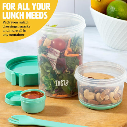 Salad Shakers with Sporks, Bring Salads and Snacks to Go, All-In-One Container, Convenient Carry Handle, Separate Compartments, 2-Pack Set, Aqua