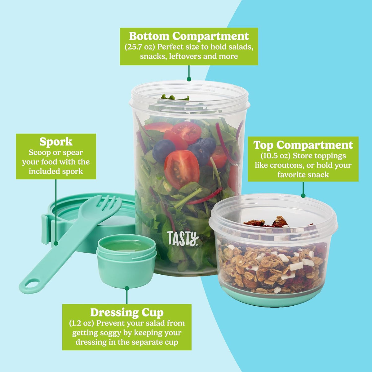 Salad Shakers with Sporks, Bring Salads and Snacks to Go, All-In-One Container, Convenient Carry Handle, Separate Compartments, 2-Pack Set, Aqua