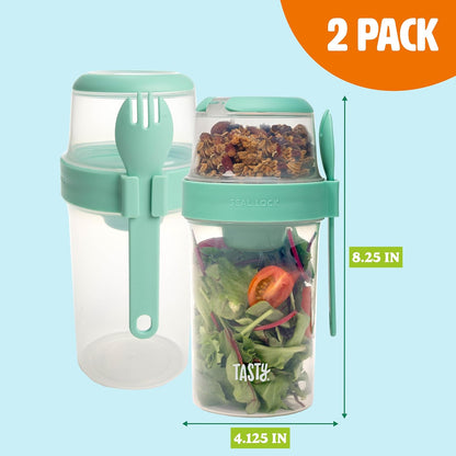 Salad Shakers with Sporks, Bring Salads and Snacks to Go, All-In-One Container, Convenient Carry Handle, Separate Compartments, 2-Pack Set, Aqua