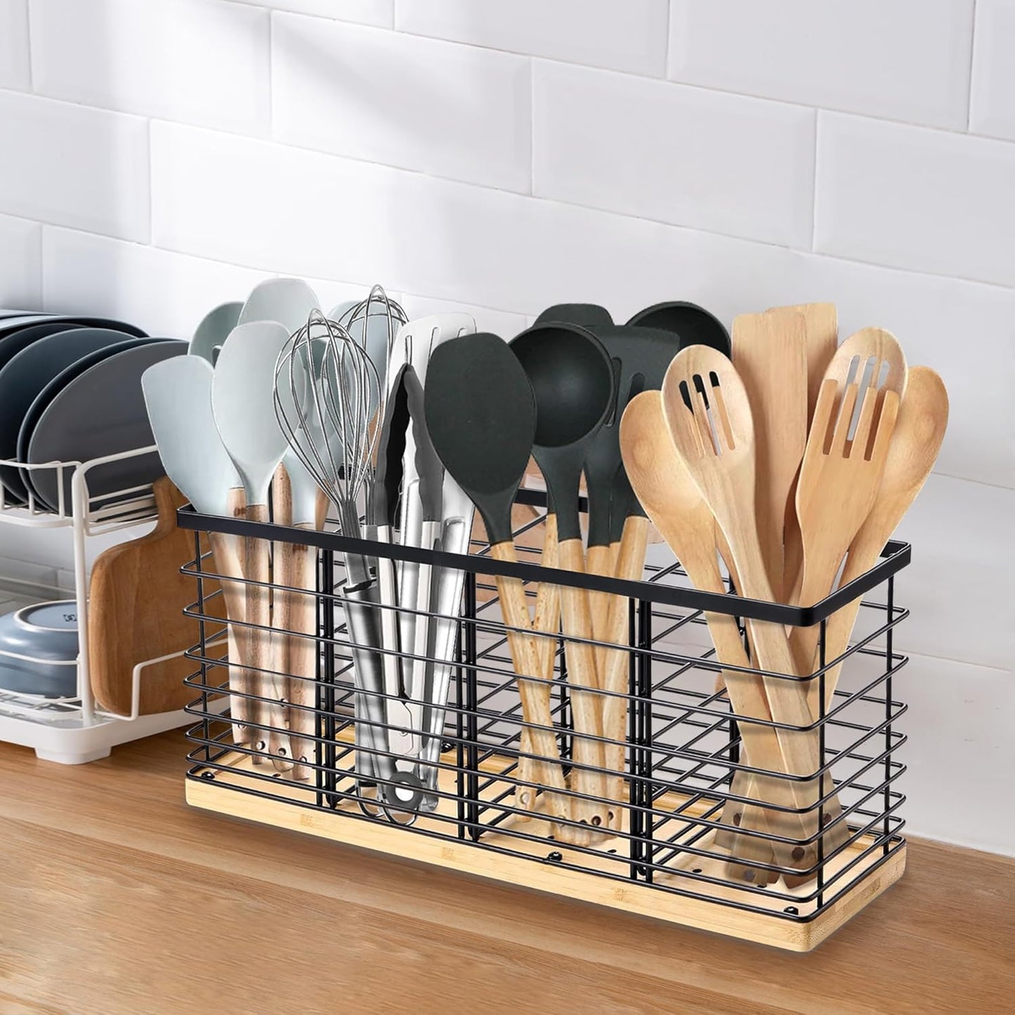 Extra Large Kitchen Utensil Holder Countertop with 4 Compartments,Matte Black Metal holder with Wooden Base for Countertop,Farmhouse Utensil Organizer for counter,Rustic Cooking Utensil Organizer