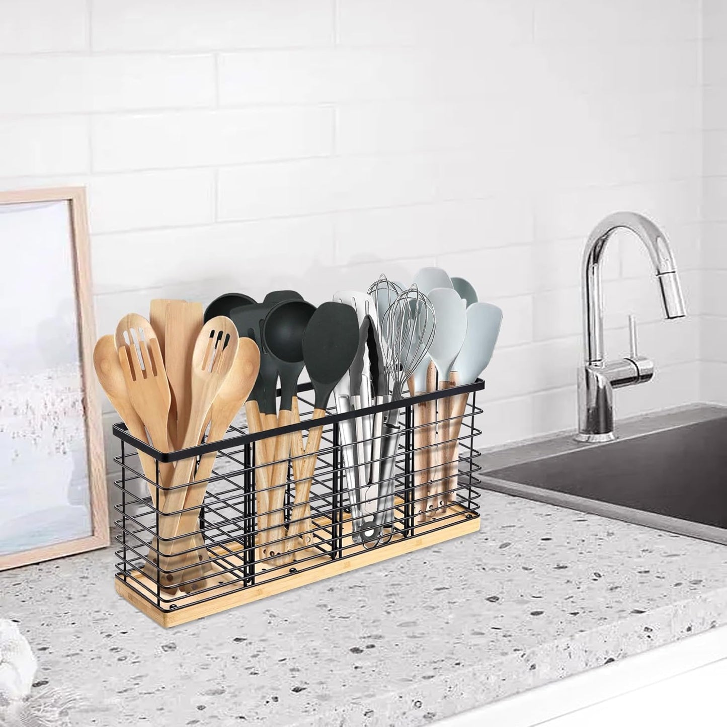 Extra Large Kitchen Utensil Holder Countertop with 4 Compartments,Matte Black Metal holder with Wooden Base for Countertop,Farmhouse Utensil Organizer for counter,Rustic Cooking Utensil Organizer