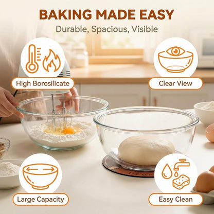 Borosilicate Glass Mixing Bowls Set of 3 (2.8, 2.2, 1.1QT) - Heavy Duty, Scratch Resistant, Non-Toxic & Lead-Free – Oven/Microwave/Dishwasher/Freezer Safe – Ideal for Meal Prep, Baking & Serving