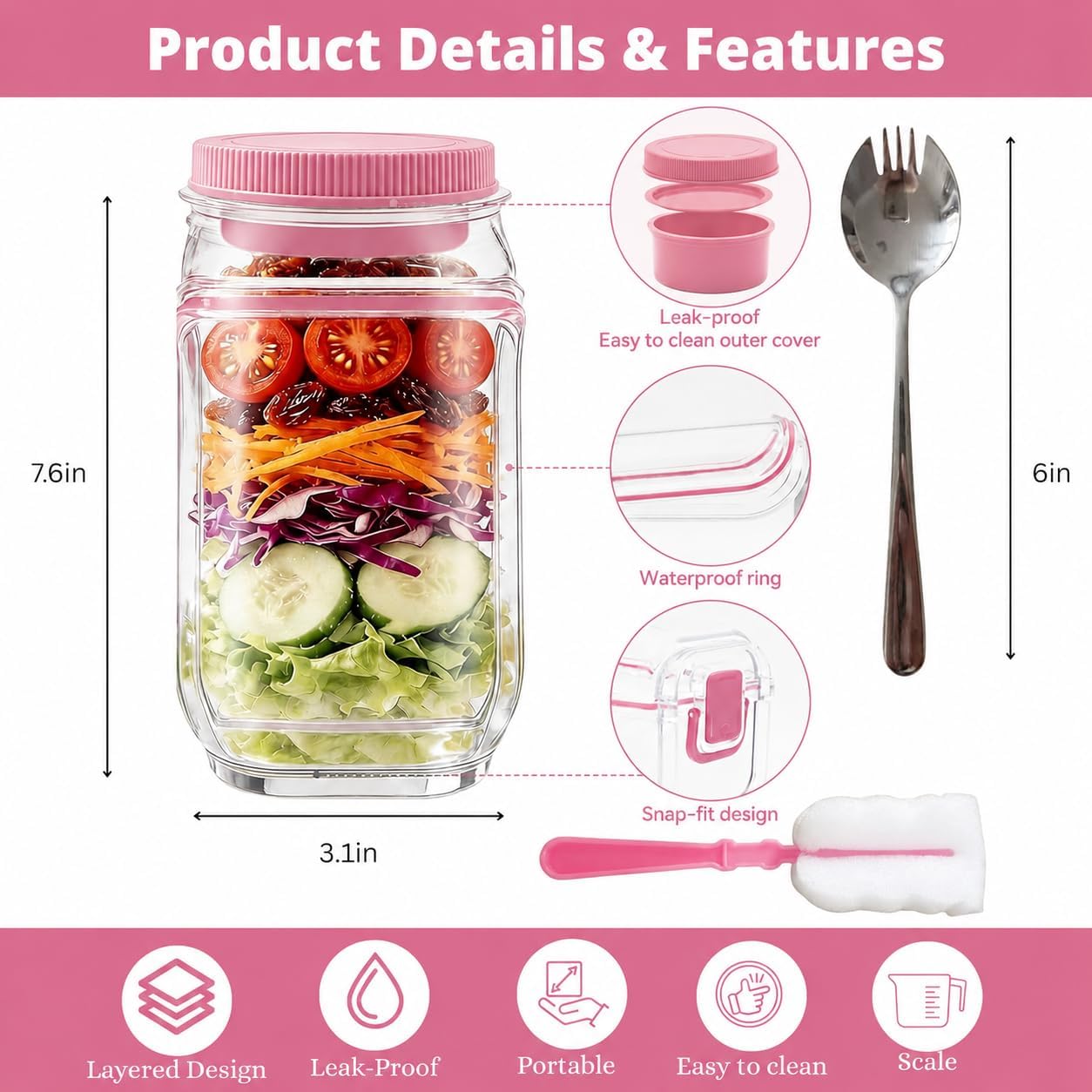 Salad Pod Mason Jar Side Open For Office, Travel, Gym & Picnic With Dressing Cup & Lid - Leak Proof Salad Container For Lunch - Safe, User-Friendly & Easy Clean Salad Jar With Side Opening ( Pink )