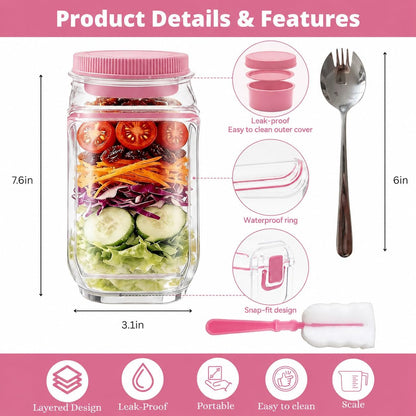 Salad Pod Mason Jar Side Open For Office, Travel, Gym & Picnic With Dressing Cup & Lid - Leak Proof Salad Container For Lunch - Safe, User-Friendly & Easy Clean Salad Jar With Side Opening ( Pink )