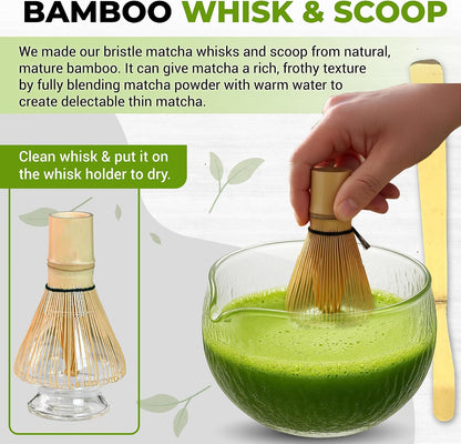Matcha Whisk Set with Matcha Bowl - Matcha Set Included Electric Frother, Bamboo Whisk, Matcha Spoon, Bamboo Holder, Sifter, Spoon Stand (Clear Glass)