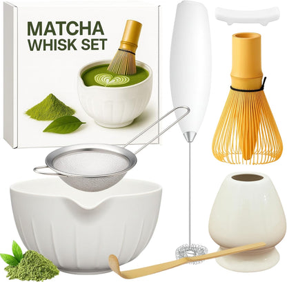 Matcha Whisk Set with Matcha Bowl - Matcha Set Included Electric Frother, Bamboo Whisk, Matcha Spoon, Bamboo Holder, Sifter, Spoon Stand (Clear Glass)