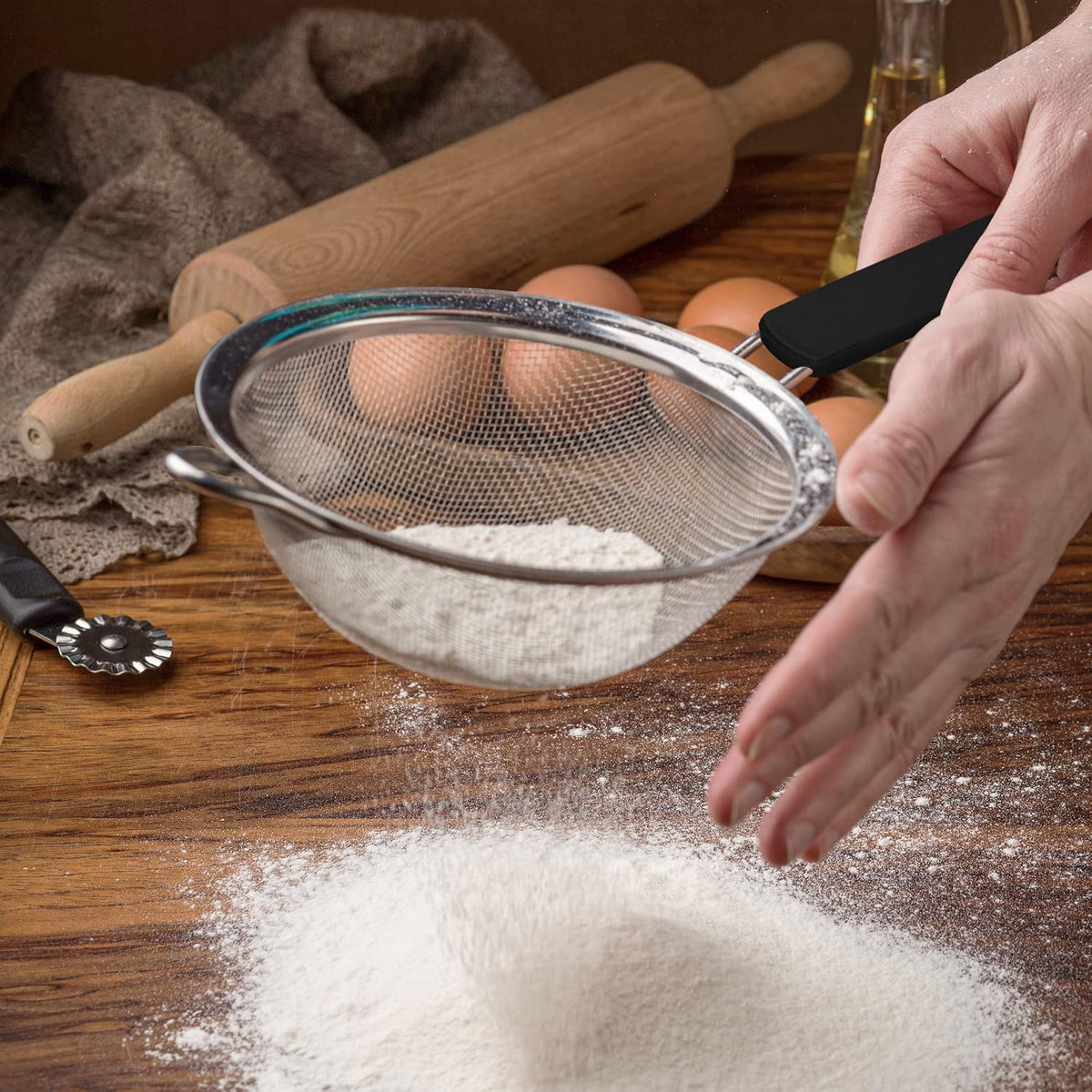 Fine Mesh Strainer with thermo plastic rubber handle - Sieve Fine Mesh Stainless Steel - Ideal to Sift Flour, Icing Sugar, Fruits and Vegetables (6.3 Inches)