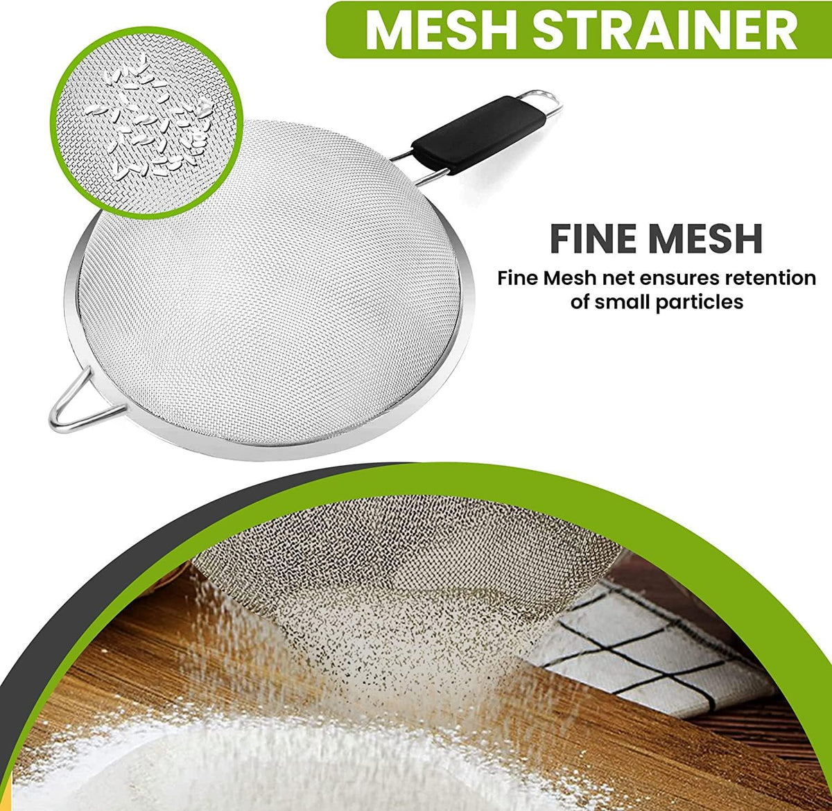 Fine Mesh Strainer with thermo plastic rubber handle - Sieve Fine Mesh Stainless Steel - Ideal to Sift Flour, Icing Sugar, Fruits and Vegetables (6.3 Inches)