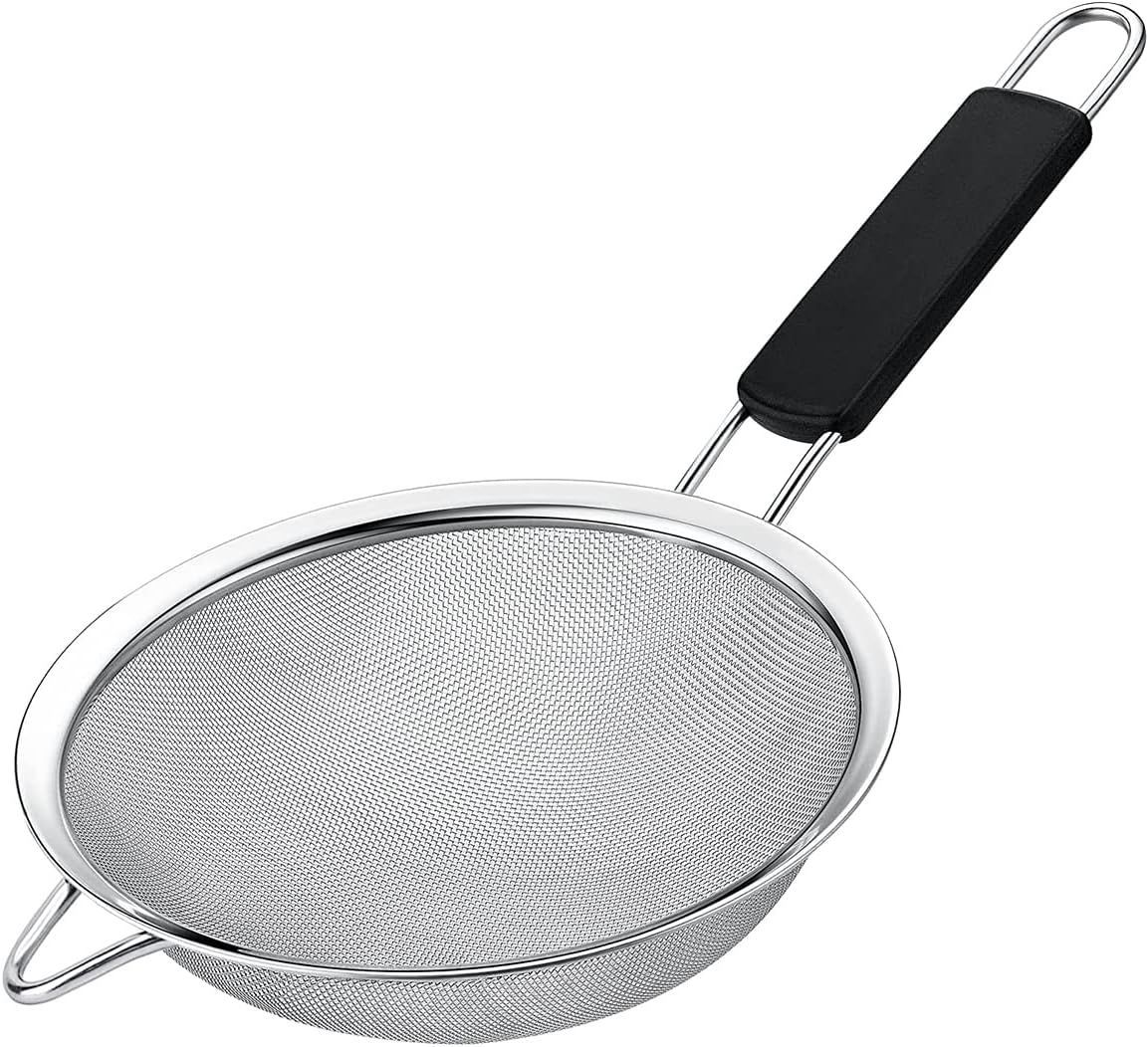 Fine Mesh Strainer with thermo plastic rubber handle - Sieve Fine Mesh Stainless Steel - Ideal to Sift Flour, Icing Sugar, Fruits and Vegetables (6.3 Inches)