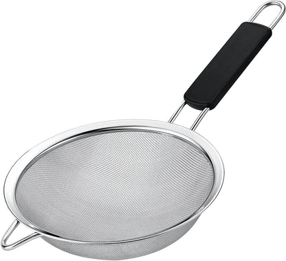 Fine Mesh Strainer with thermo plastic rubber handle - Sieve Fine Mesh Stainless Steel - Ideal to Sift Flour, Icing Sugar, Fruits and Vegetables (6.3 Inches)