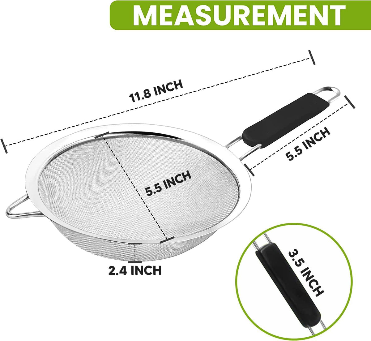 Fine Mesh Strainer with thermo plastic rubber handle - Sieve Fine Mesh Stainless Steel - Ideal to Sift Flour, Icing Sugar, Fruits and Vegetables (6.3 Inches)