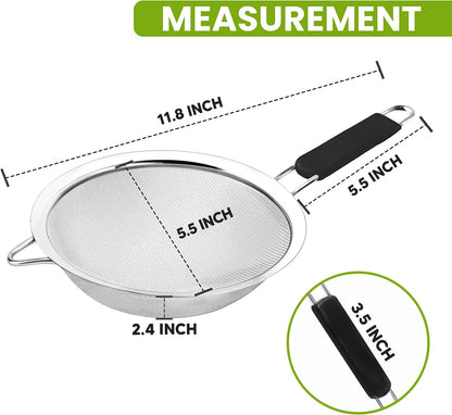 Fine Mesh Strainer with thermo plastic rubber handle - Sieve Fine Mesh Stainless Steel - Ideal to Sift Flour, Icing Sugar, Fruits and Vegetables (6.3 Inches)