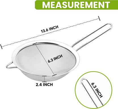 Fine Mesh Strainer with thermo plastic rubber handle - Sieve Fine Mesh Stainless Steel - Ideal to Sift Flour, Icing Sugar, Fruits and Vegetables (6.3 Inches)