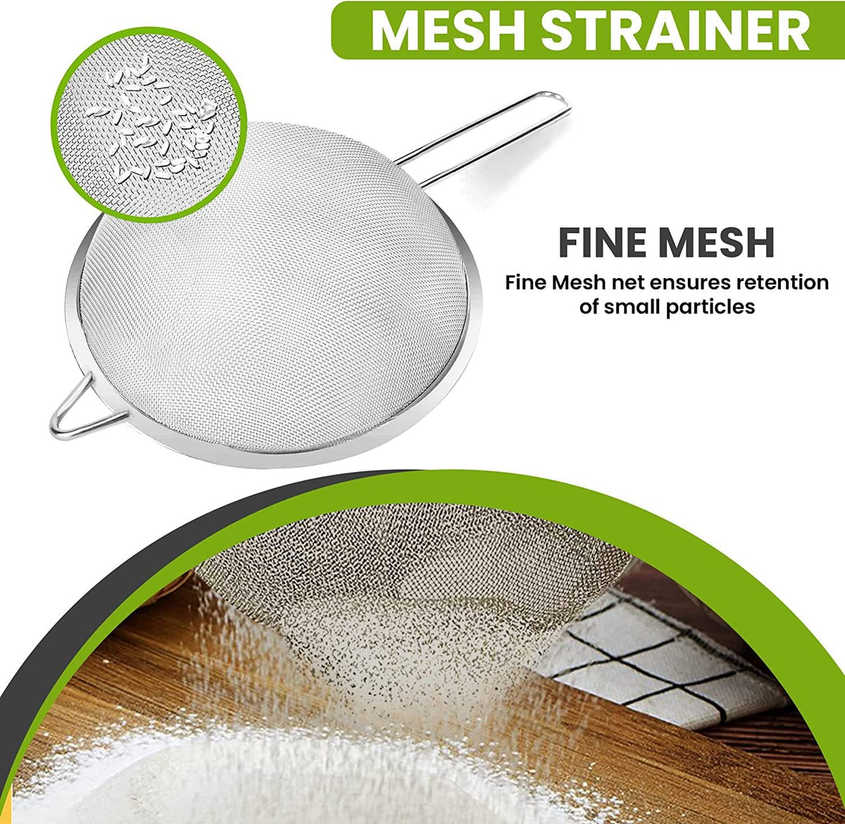 Fine Mesh Strainer with thermo plastic rubber handle - Sieve Fine Mesh Stainless Steel - Ideal to Sift Flour, Icing Sugar, Fruits and Vegetables (6.3 Inches)