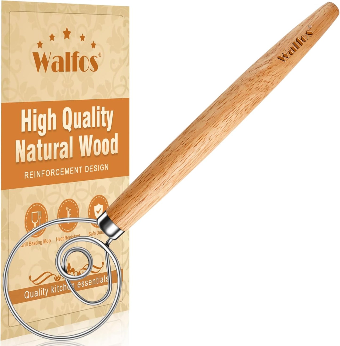 Wood Danish Dough Whisk, Wooden Sourdough Mixer With Stainless Steel Ring, Kitchen Hand Bread Whisking Tool for Cake, Pizza, Pastry, Biscuits