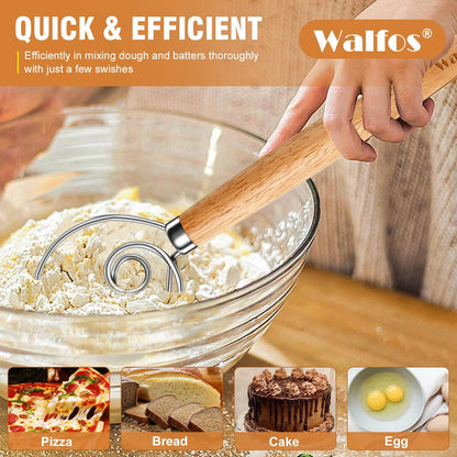 Wood Danish Dough Whisk, Wooden Sourdough Mixer With Stainless Steel Ring, Kitchen Hand Bread Whisking Tool for Cake, Pizza, Pastry, Biscuits