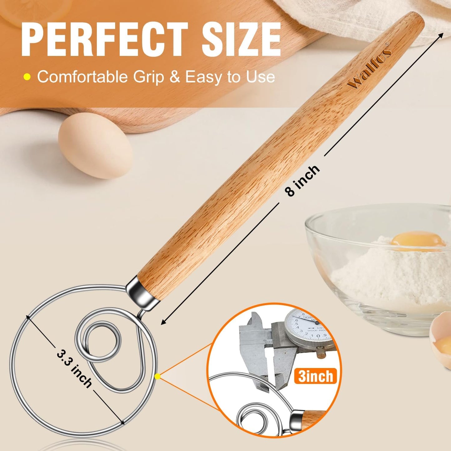 Wood Danish Dough Whisk, Wooden Sourdough Mixer With Stainless Steel Ring, Kitchen Hand Bread Whisking Tool for Cake, Pizza, Pastry, Biscuits