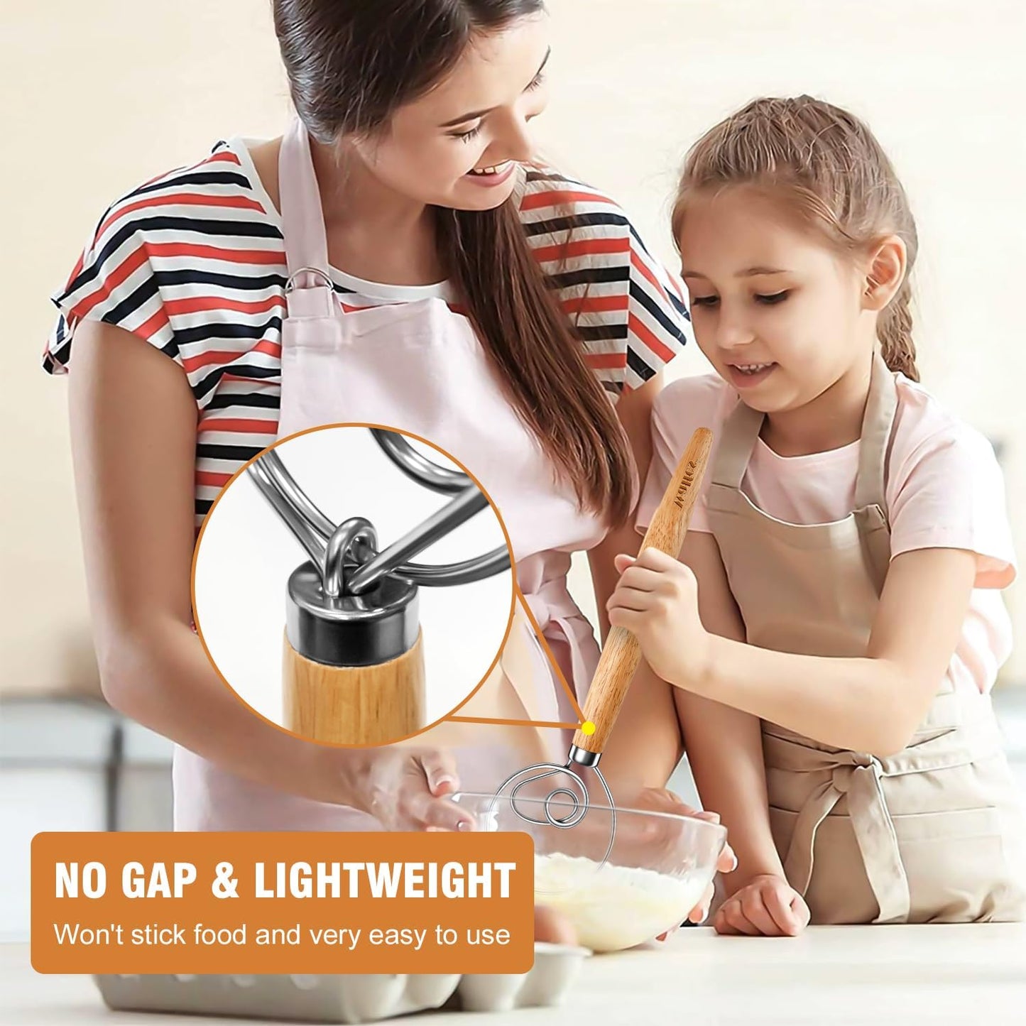 Wood Danish Dough Whisk, Wooden Sourdough Mixer With Stainless Steel Ring, Kitchen Hand Bread Whisking Tool for Cake, Pizza, Pastry, Biscuits
