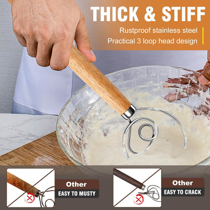 Wood Danish Dough Whisk, Wooden Sourdough Mixer With Stainless Steel Ring, Kitchen Hand Bread Whisking Tool for Cake, Pizza, Pastry, Biscuits